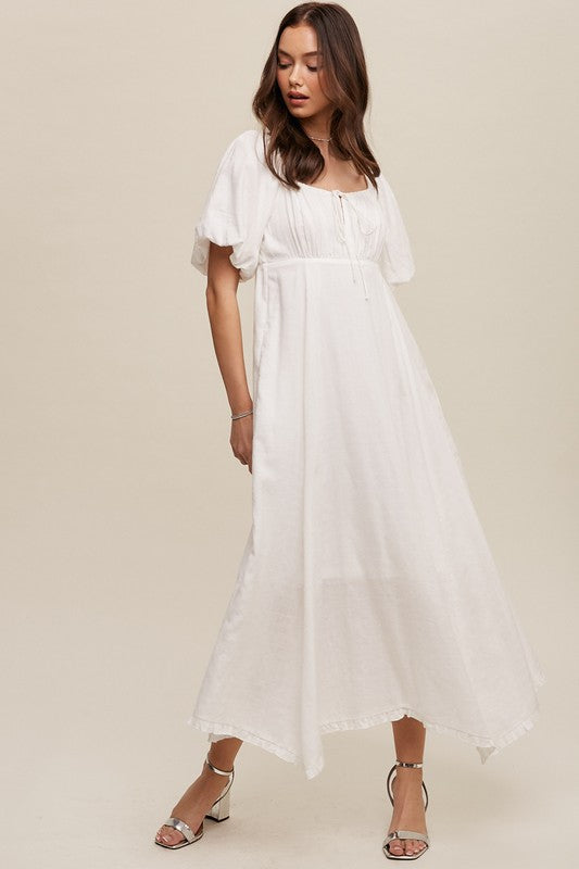 Women's White Puff Sleeve Empire Waist Flowy Maxi Dress - Summer Wedding Guest & Engagement Dress with Pockets