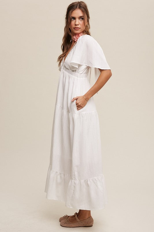 Women's White V-Neck Maxi Dress with Pockets - Ruffle Sleeve Flowy Summer Dress