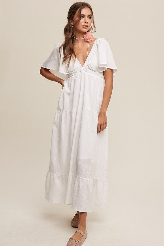 Women's White V-Neck Maxi Dress with Pockets - Ruffle Sleeve Flowy Summer Dress