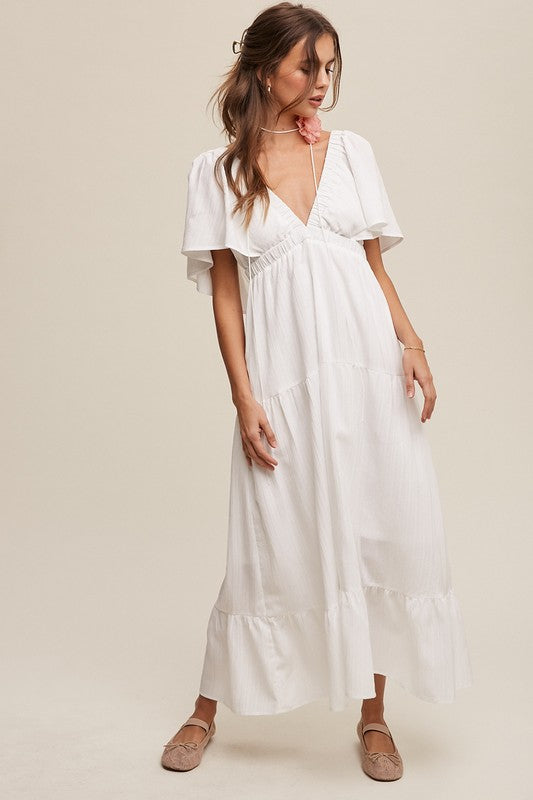 Women's White V-Neck Maxi Dress with Pockets - Ruffle Sleeve Flowy Summer Dress
