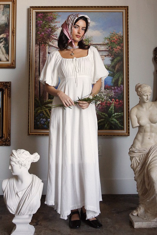 Women's White Puff Sleeve Empire Waist Flowy Maxi Dress - Summer Wedding Guest & Engagement Dress with Pockets