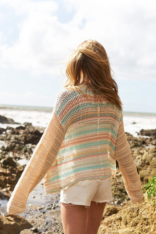 Colorful Stripe Button-Down Long Sleeve Cropped Cardigan