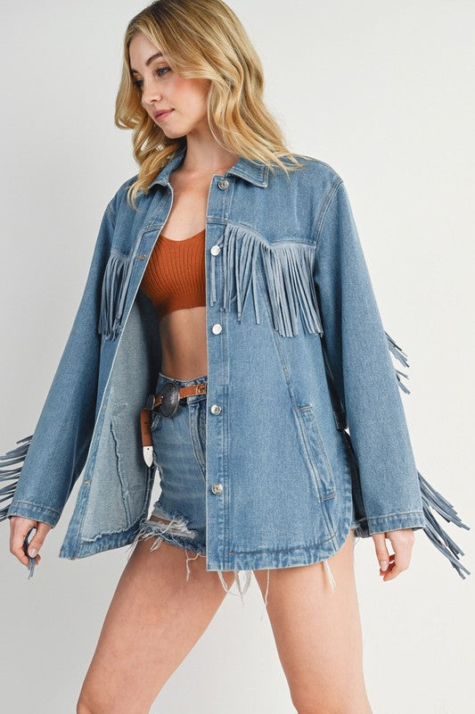 Oversized Vintage-Inspired Fringe Denim Jacket