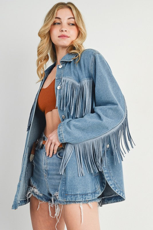 Oversized Vintage-Inspired Fringe Denim Jacket