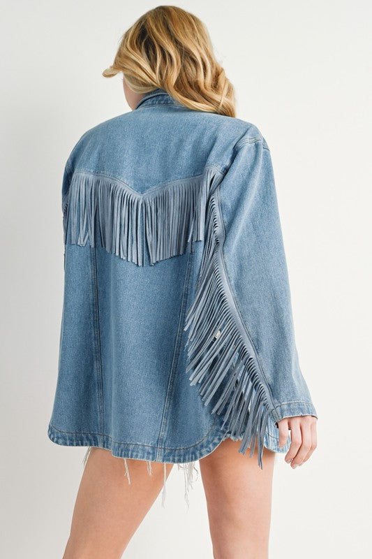 Oversized Vintage-Inspired Fringe Denim Jacket
