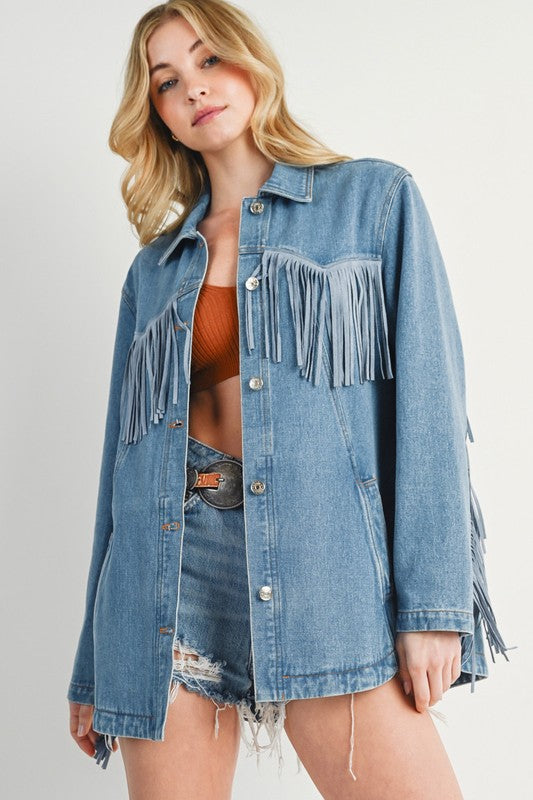 Oversized Vintage-Inspired Fringe Denim Jacket