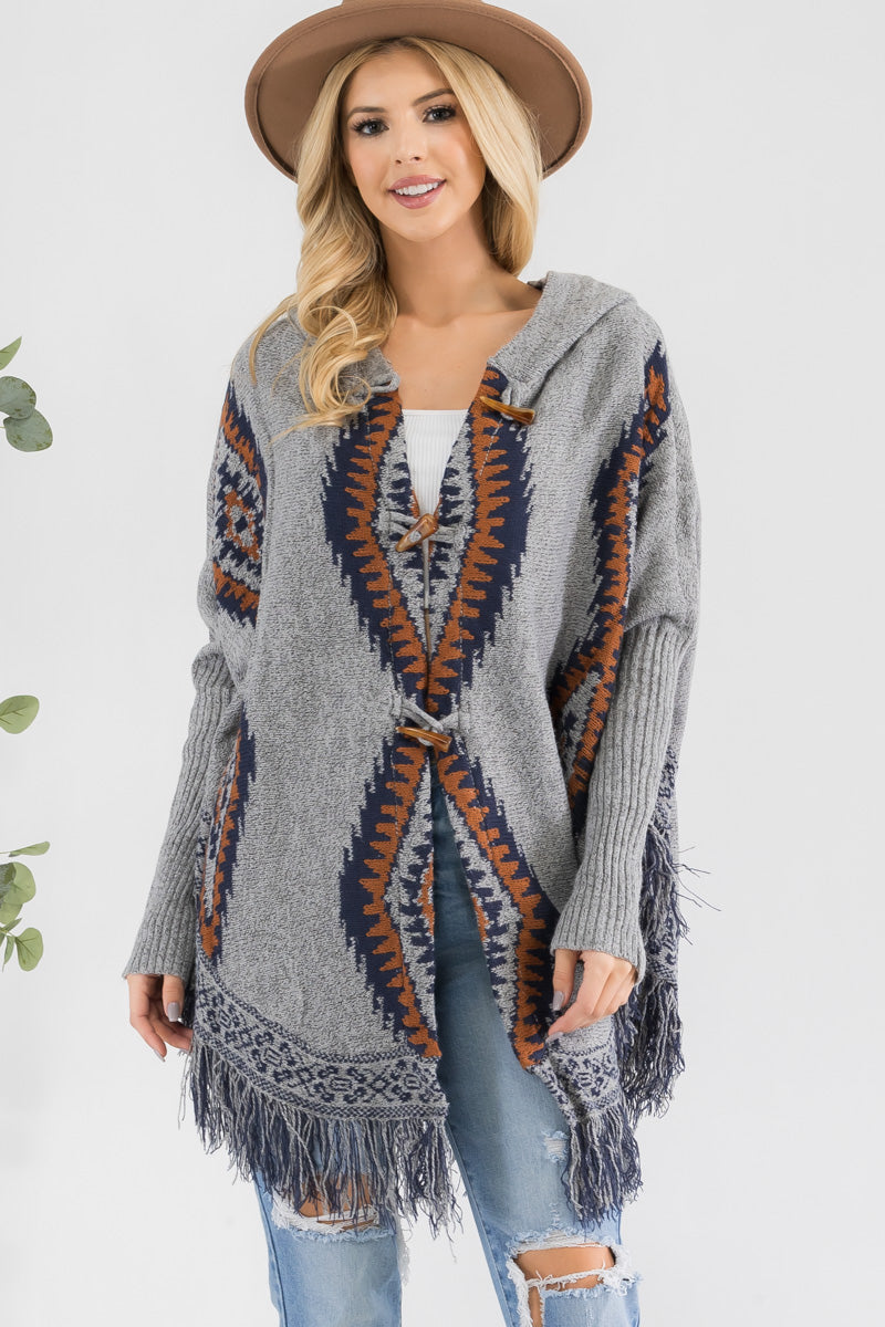 Western Print Hooded Poncho Sweater with Toggle Closure & Fringe Hem
