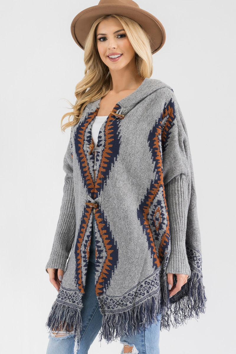 Western Print Hooded Poncho Sweater with Toggle Closure & Fringe Hem