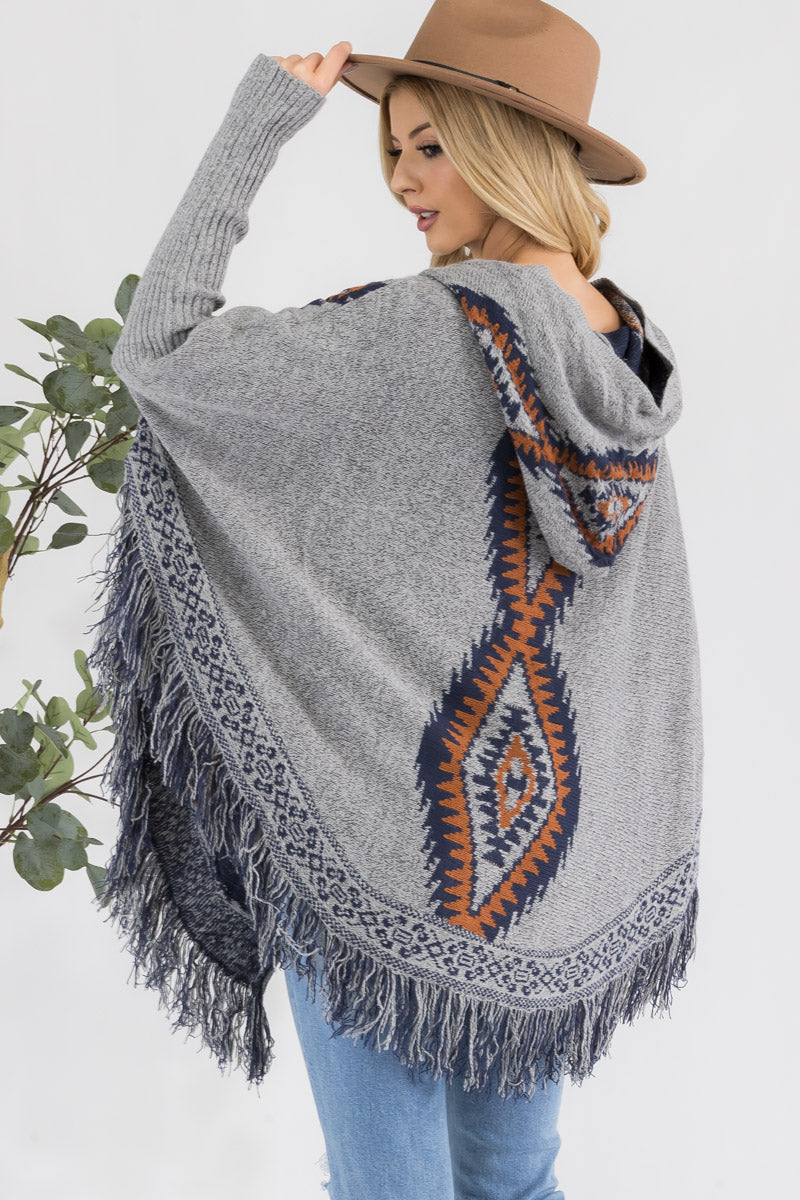 Western Print Hooded Poncho Sweater with Toggle Closure & Fringe Hem