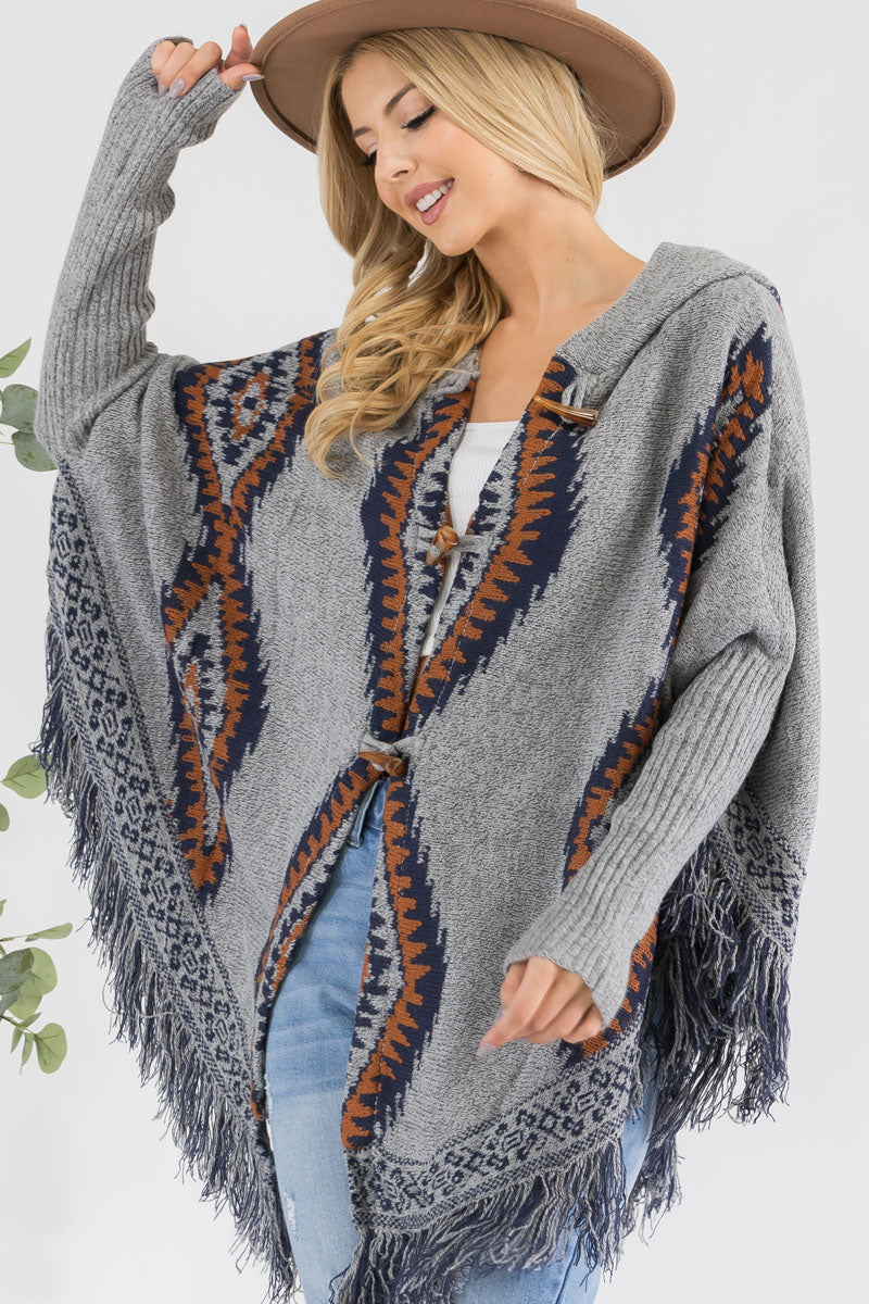 Western Print Hooded Poncho Sweater with Toggle Closure & Fringe Hem