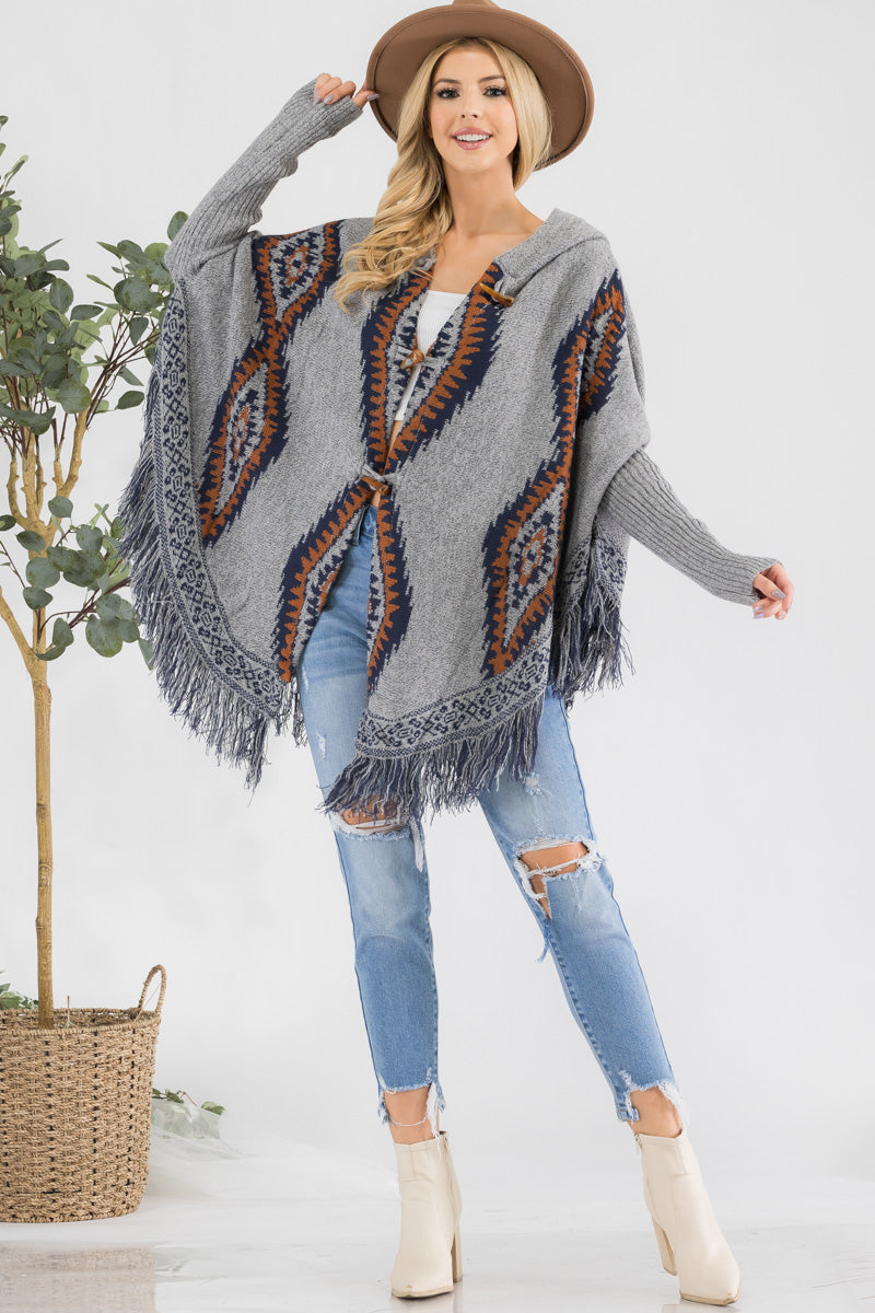 Western Print Hooded Poncho Sweater with Toggle Closure & Fringe Hem