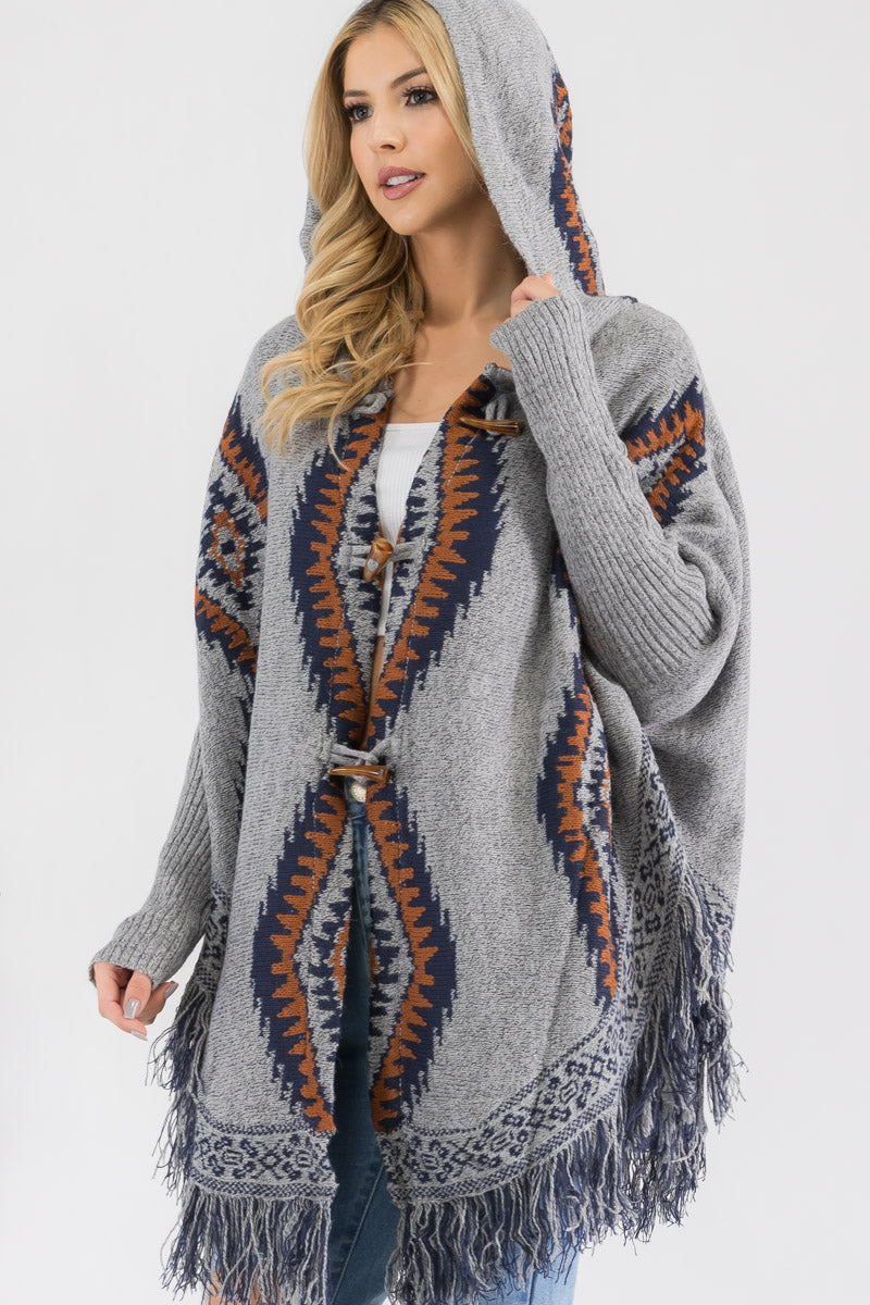 Western Print Hooded Poncho Sweater with Toggle Closure & Fringe Hem
