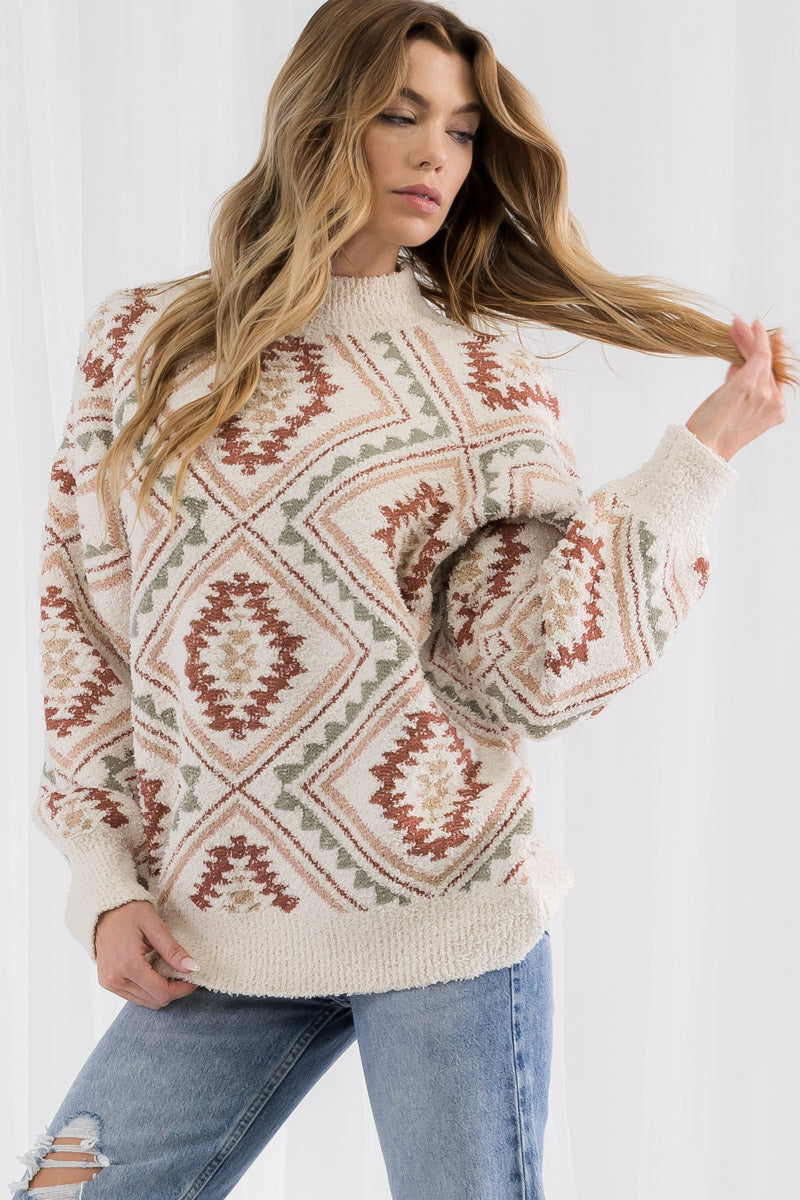 Vintage Inspired Cozy Knit Sweater – Tribal Geometric Sweater, Beige S-XL