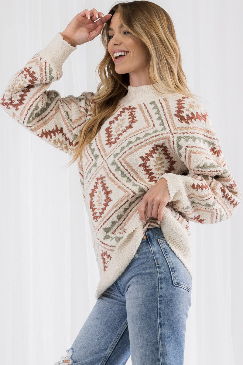 Vintage Inspired Cozy Knit Sweater – Tribal Geometric Sweater, Beige S-XL