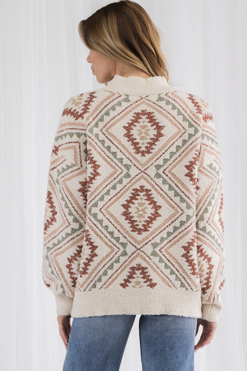 Vintage Inspired Cozy Knit Sweater – Tribal Geometric Sweater, Beige S-XL