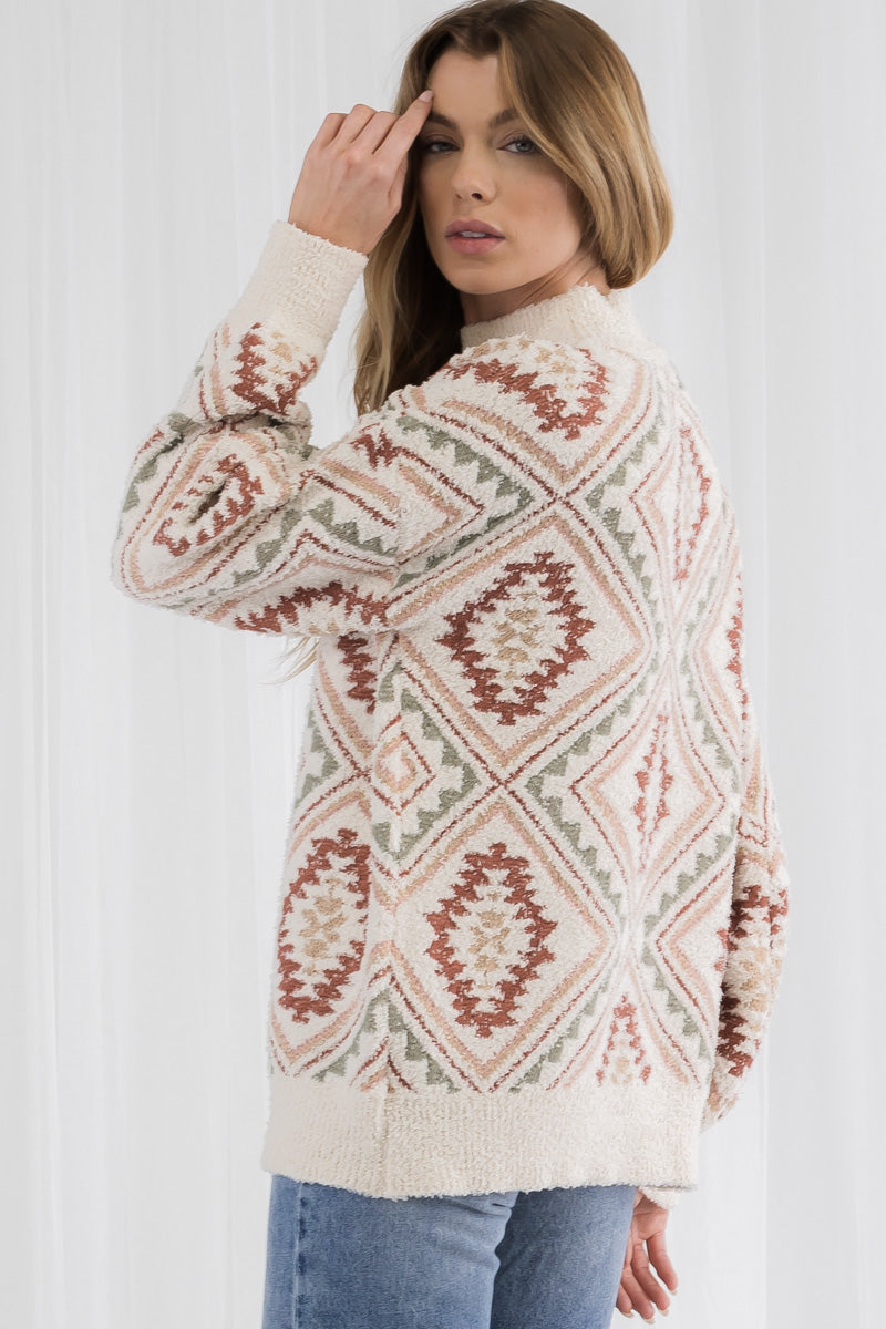 Vintage Inspired Cozy Knit Sweater – Tribal Geometric Sweater, Beige S-XL