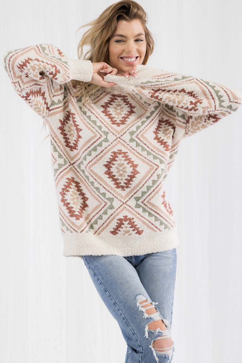 Vintage Inspired Cozy Knit Sweater – Tribal Geometric Sweater, Beige S-XL