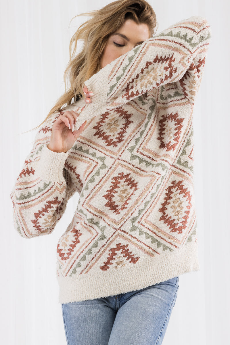 Vintage Inspired Cozy Knit Sweater – Tribal Geometric Sweater, Beige S-XL