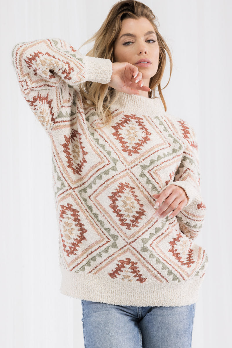 Vintage Inspired Cozy Knit Sweater – Tribal Geometric Sweater, Beige S-XL