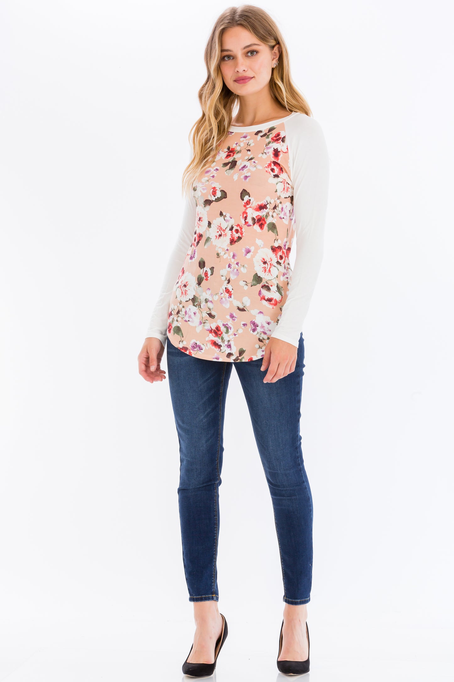 Printed Raglan Long Sleeve Crew Neck Top