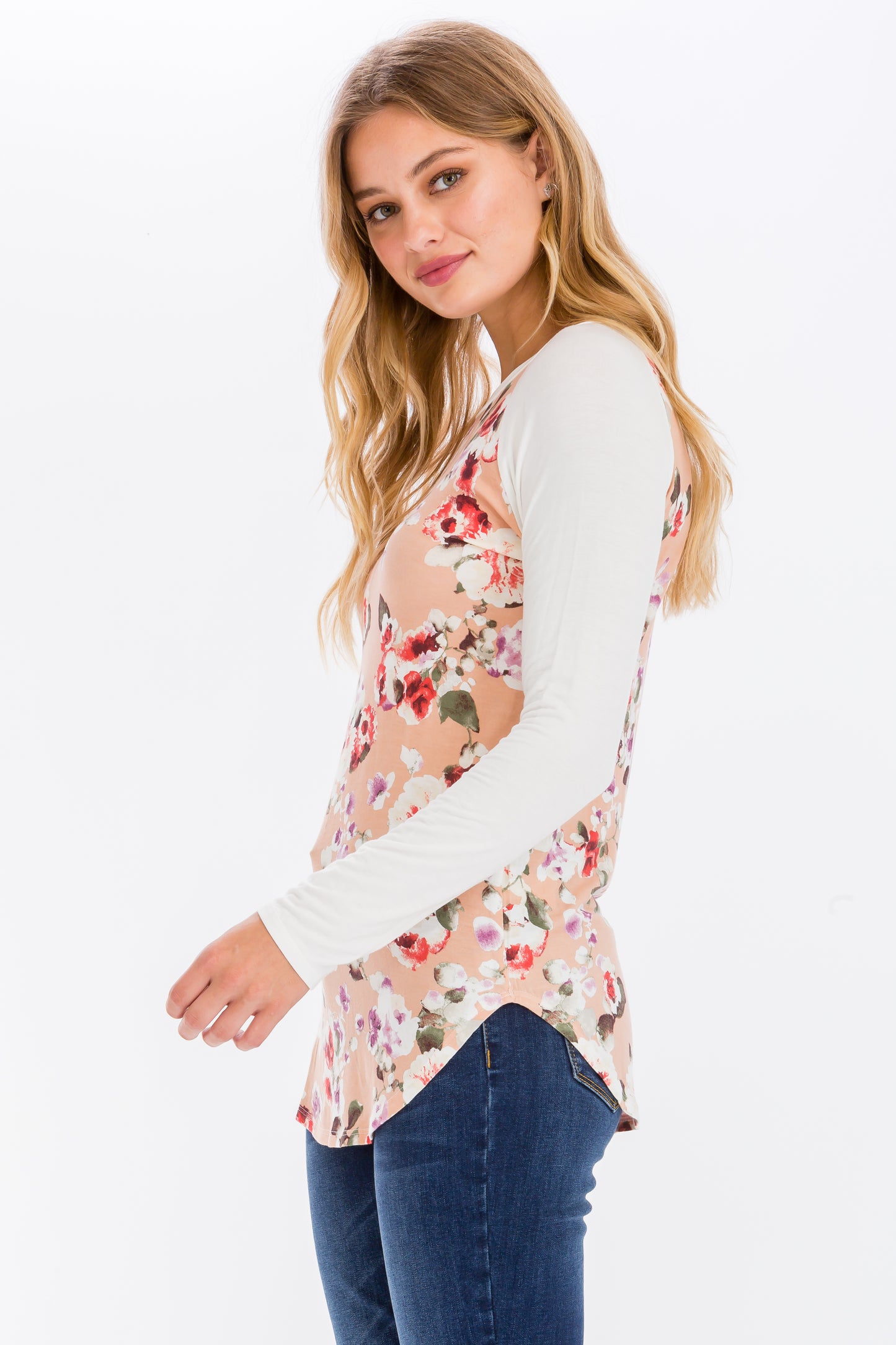 Printed Raglan Long Sleeve Crew Neck Top