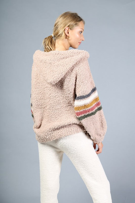 Soft Fuzzy Stripe V-Neck Knit Hooded Pullover Sweater for Women