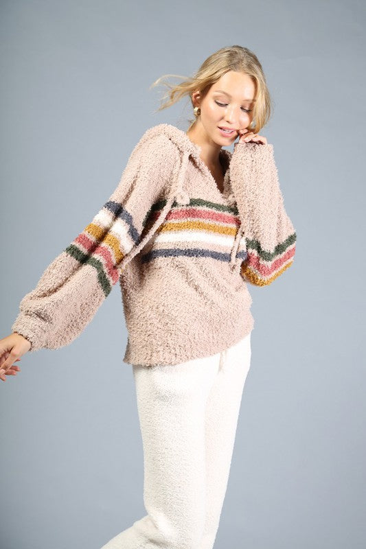 Soft Fuzzy Stripe V-Neck Knit Hooded Pullover Sweater for Women