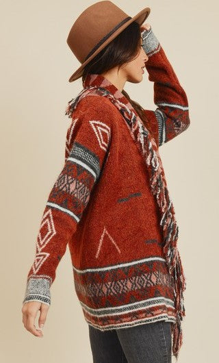 Cinnamon Color Western Print Fringe Detail Cardigan Sweater