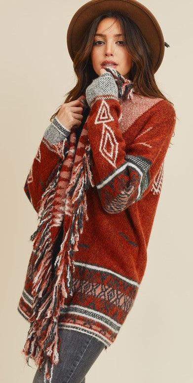Cinnamon Color Western Print Fringe Detail Cardigan Sweater