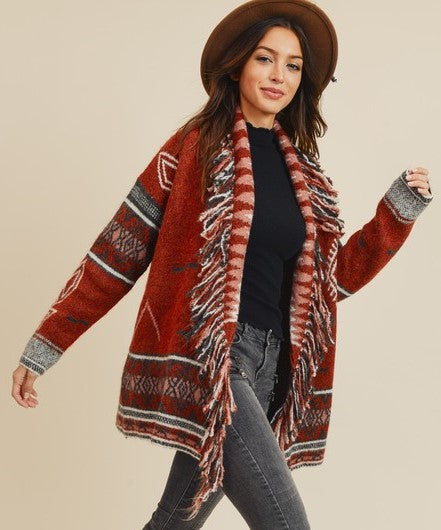 Cinnamon Color Western Print Fringe Detail Cardigan Sweater