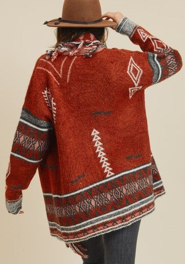 Cinnamon Color Western Print Fringe Detail Cardigan Sweater