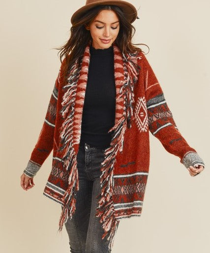 Cinnamon Color Western Print Fringe Detail Cardigan Sweater