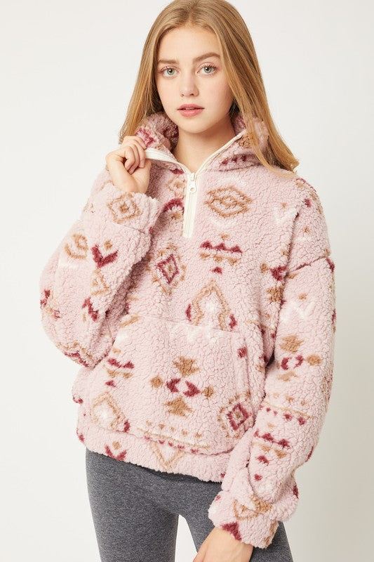 Faux Fur Jacket, Cozy Sherpa Half Zipper Puller Hoodie