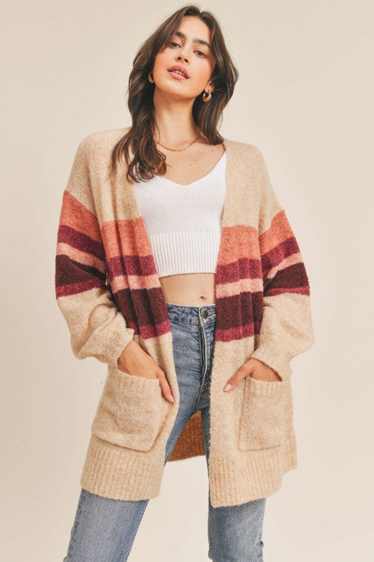 Striped Knit Open-Front Sweater Cardigan for Women