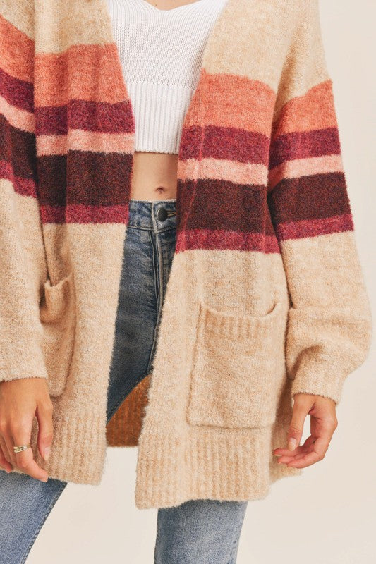 Striped Knit Open-Front Sweater Cardigan for Women