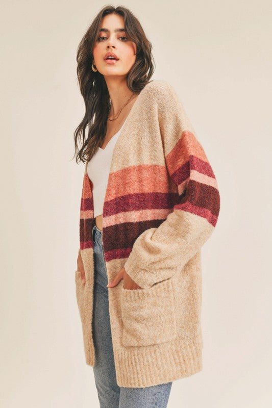 Striped Knit Open-Front Sweater Cardigan for Women