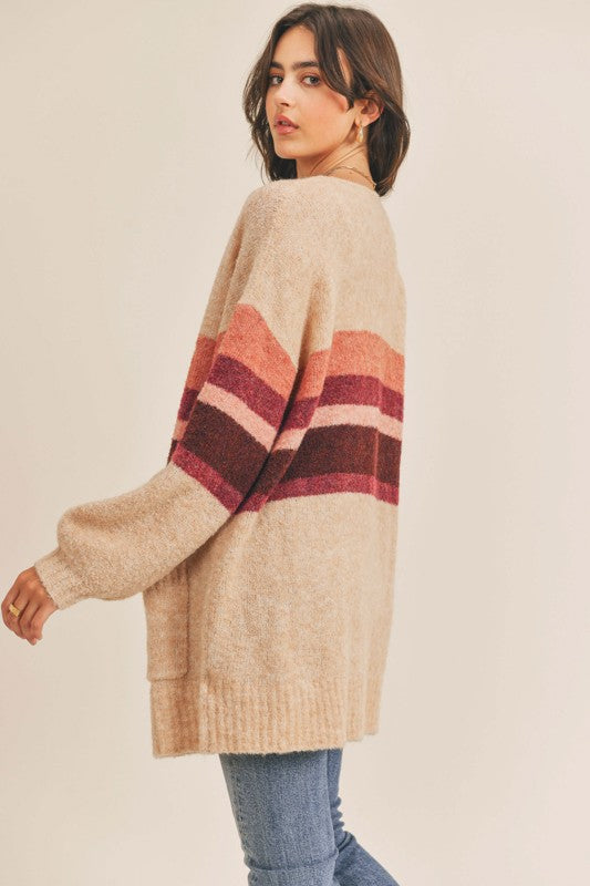 Striped Knit Open-Front Sweater Cardigan for Women