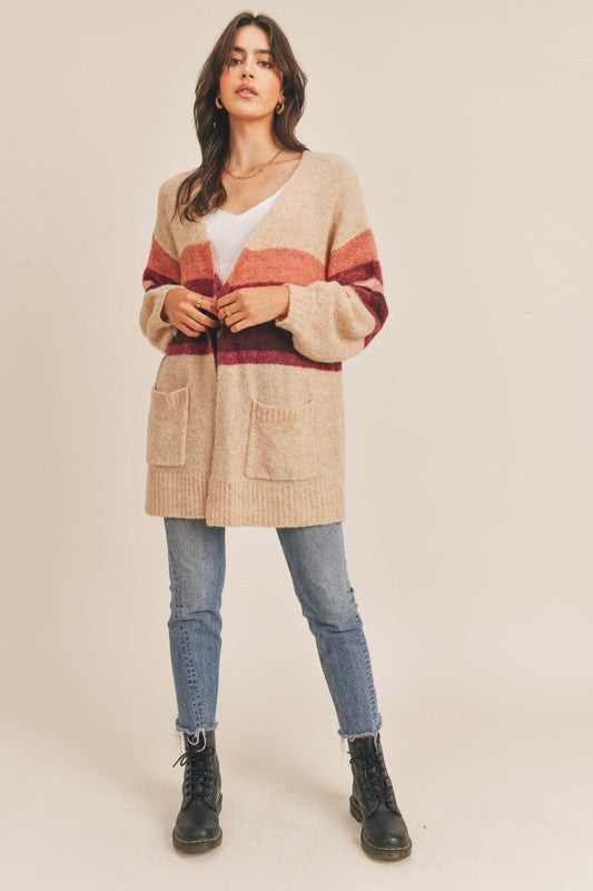 Striped Knit Open-Front Sweater Cardigan for Women