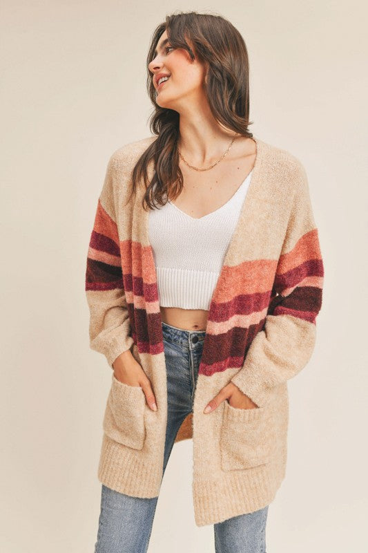 Striped Knit Open-Front Sweater Cardigan for Women
