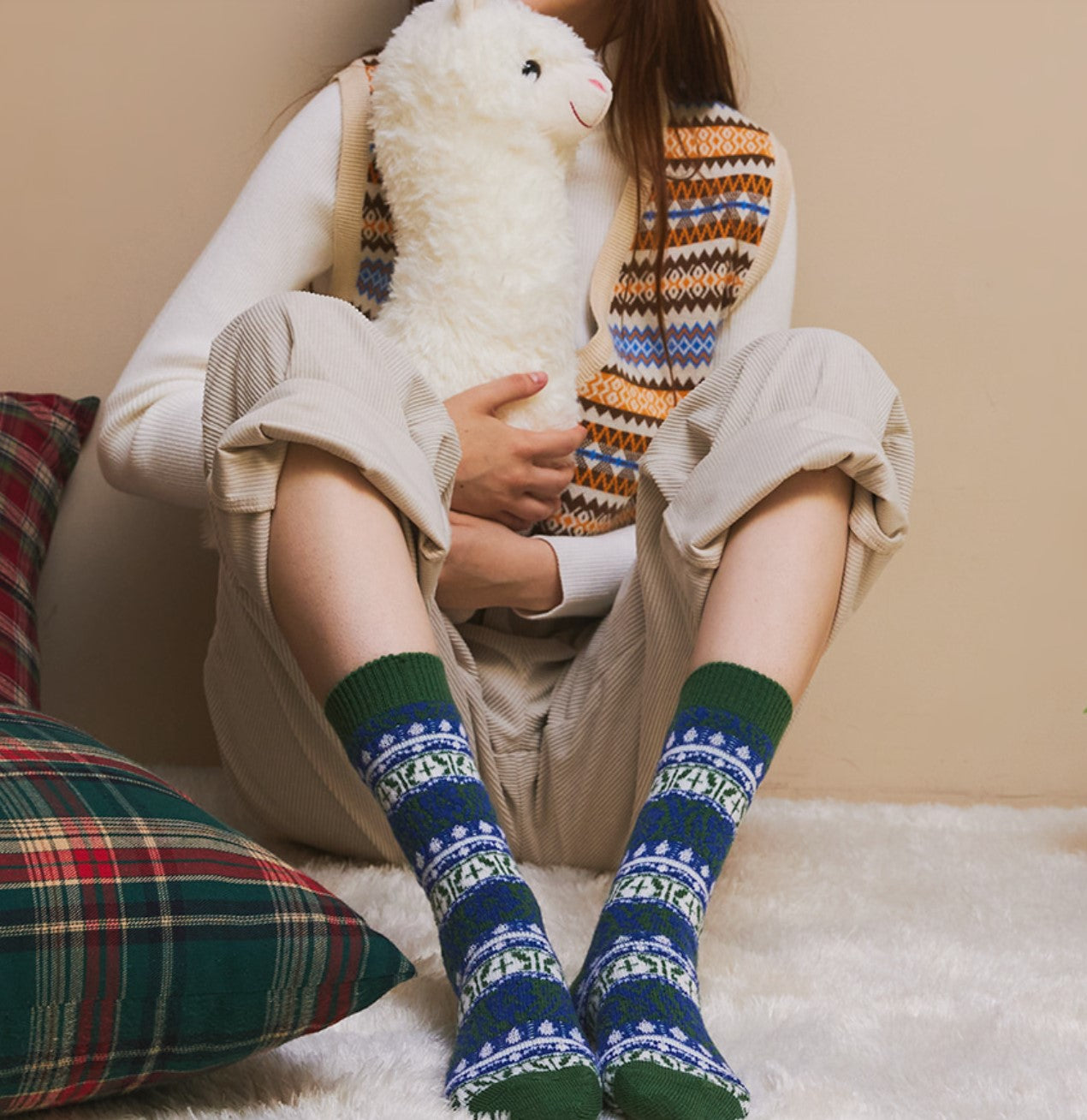 Fair Isle Print Merino Wool Crew Socks by Alice and Me