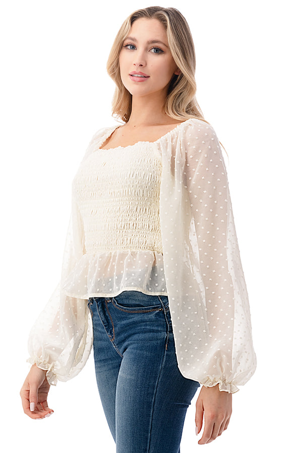 Peplum Peasant Crop Top with Bubble Puffed Sleeve